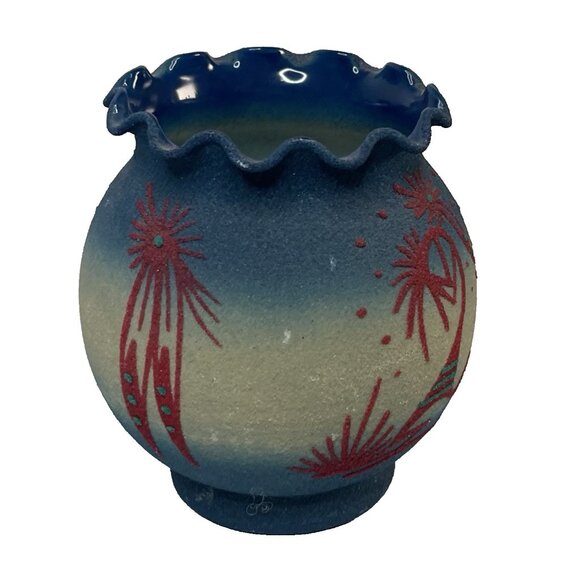 Native American Navajo Dine Kokopelli Feathers Sand over Glass Art Vase Signed - Picture 2 of 11